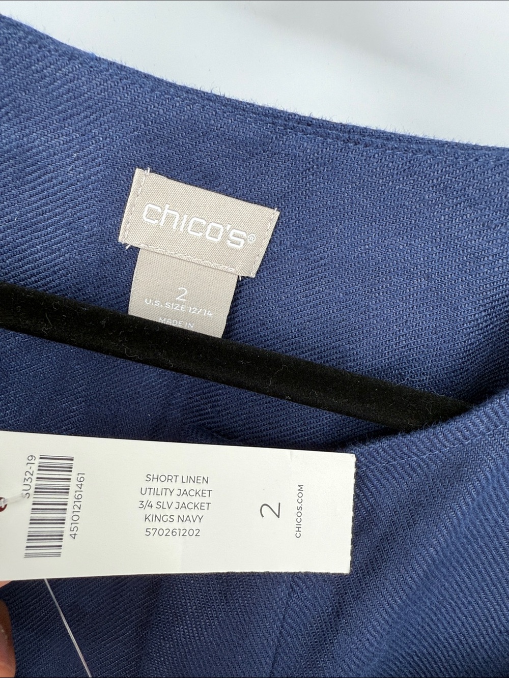 Chicos short linen utility jacket 3/4 slv jacket kings navy NWT SIZE 2 - Picture 6 of 8
